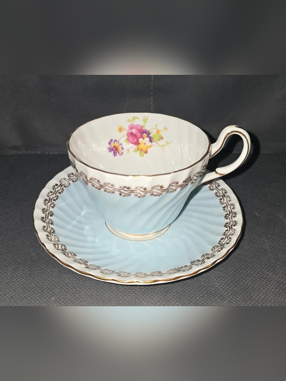 Vintage 1950s EB FOLEY English Bone China Teacup & Saucer Soft Pastel Blue Swirl